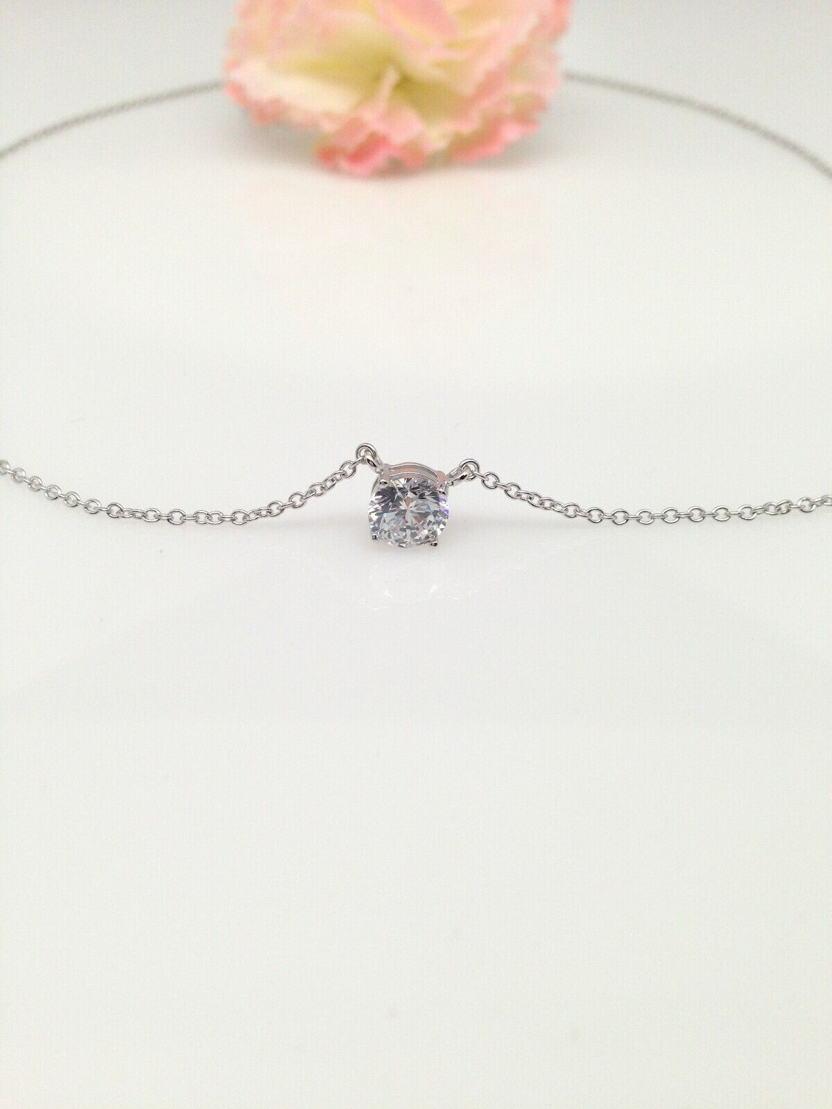 925 Sterling Silver CZ Round Solitaire Pendant Necklace Dainty 5.8mm 17.25″