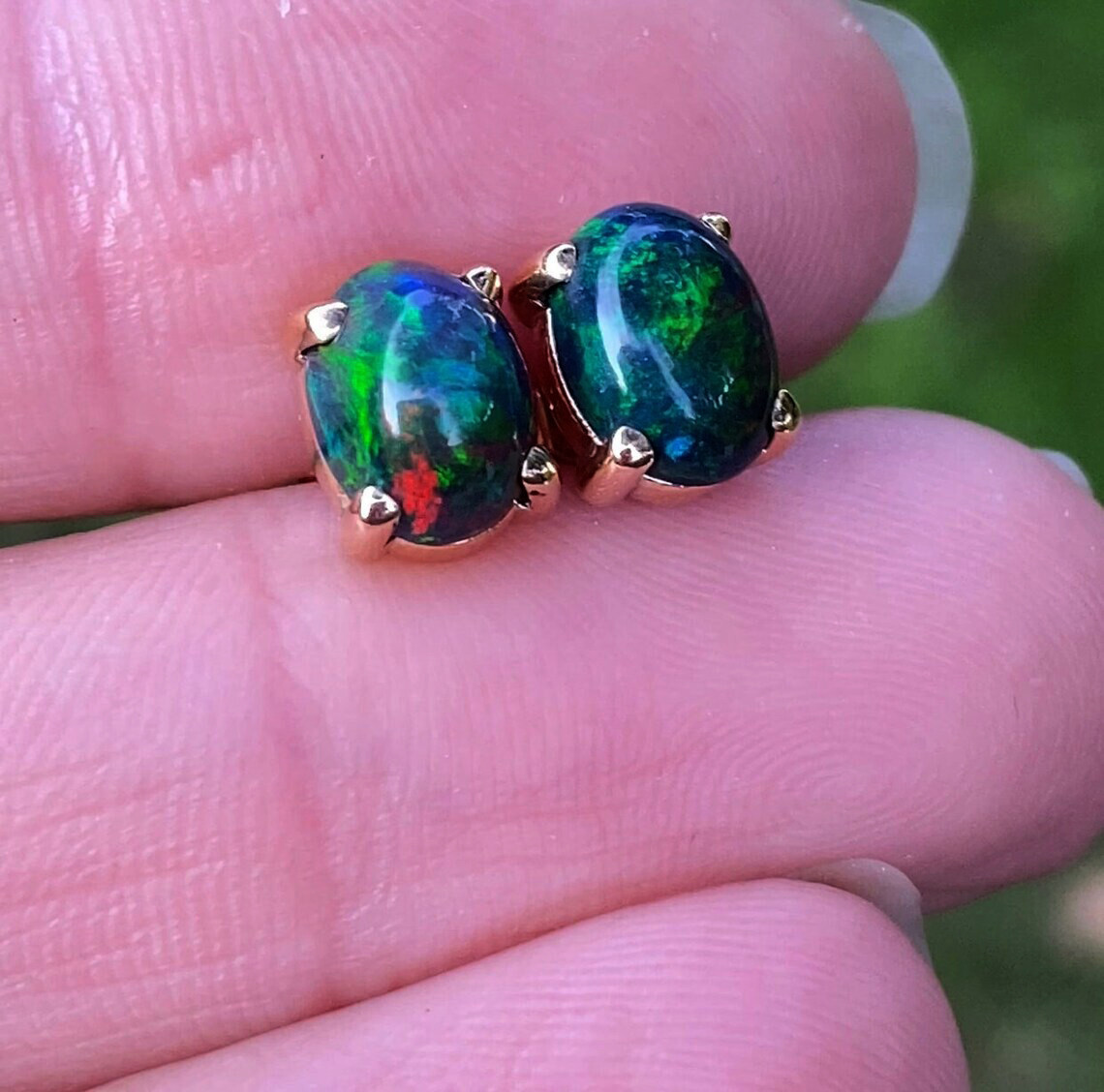 Genuine Black Opal Cabochon Gemstone 925 Sterling Silver Women Stud Earrings