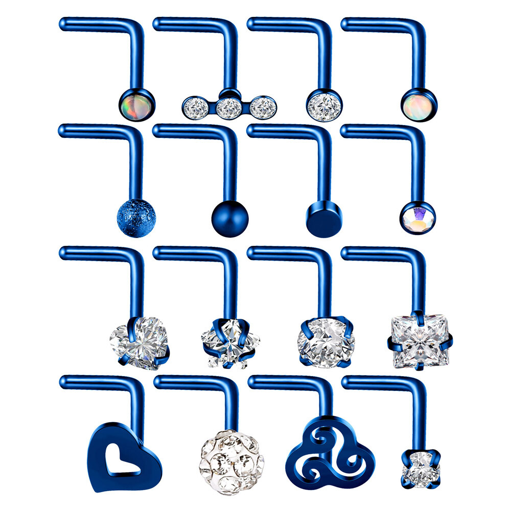 16Pcs Curved Nose Stud Surgical Steel Nose Ring Crystal L Bend Stud Piercing 20G