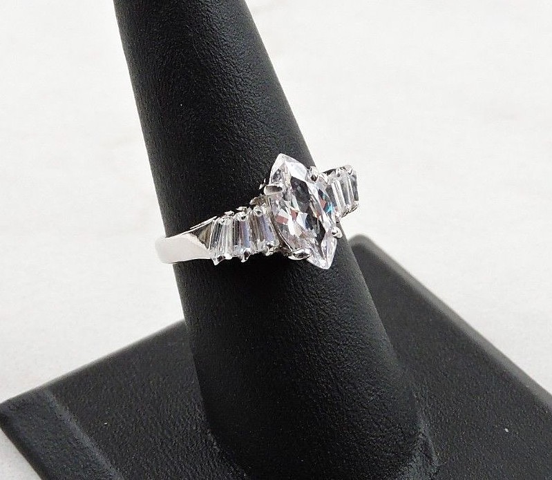 Sterling Silver 2.60 cttw Marquise And Tapered Baguette Cubic Zirconia Ring