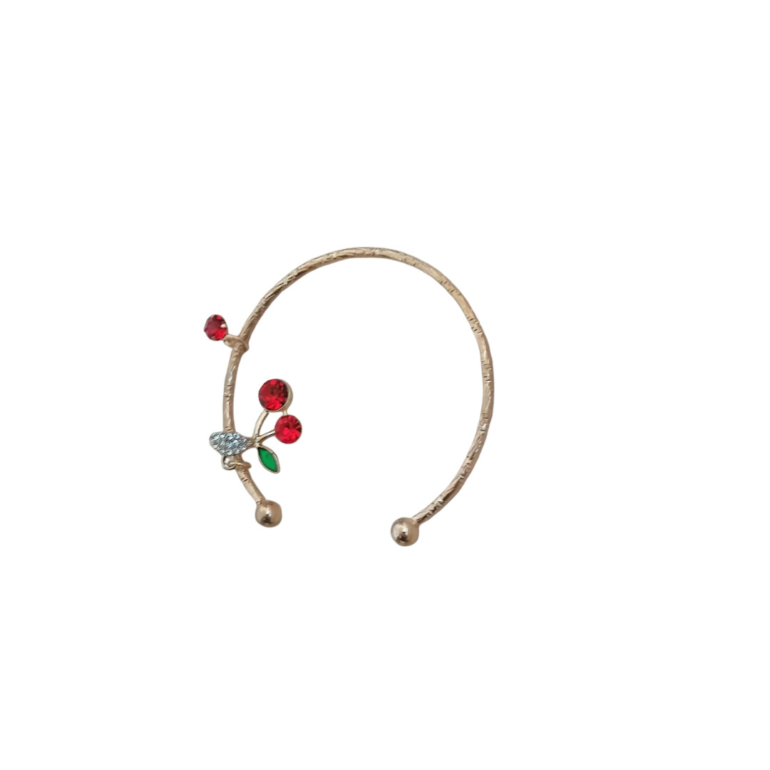 Gold Tone Cherry Charm Open Cuff Bracelet Red Beads Fashion Jewelry