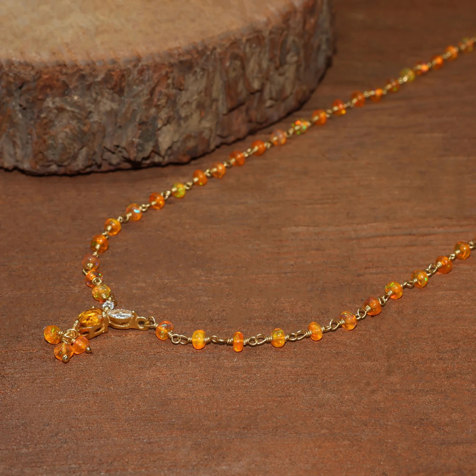 Orange Opal Necklace with Citrine Drop, Beaded Chain Jewelry, Bright Gemstone