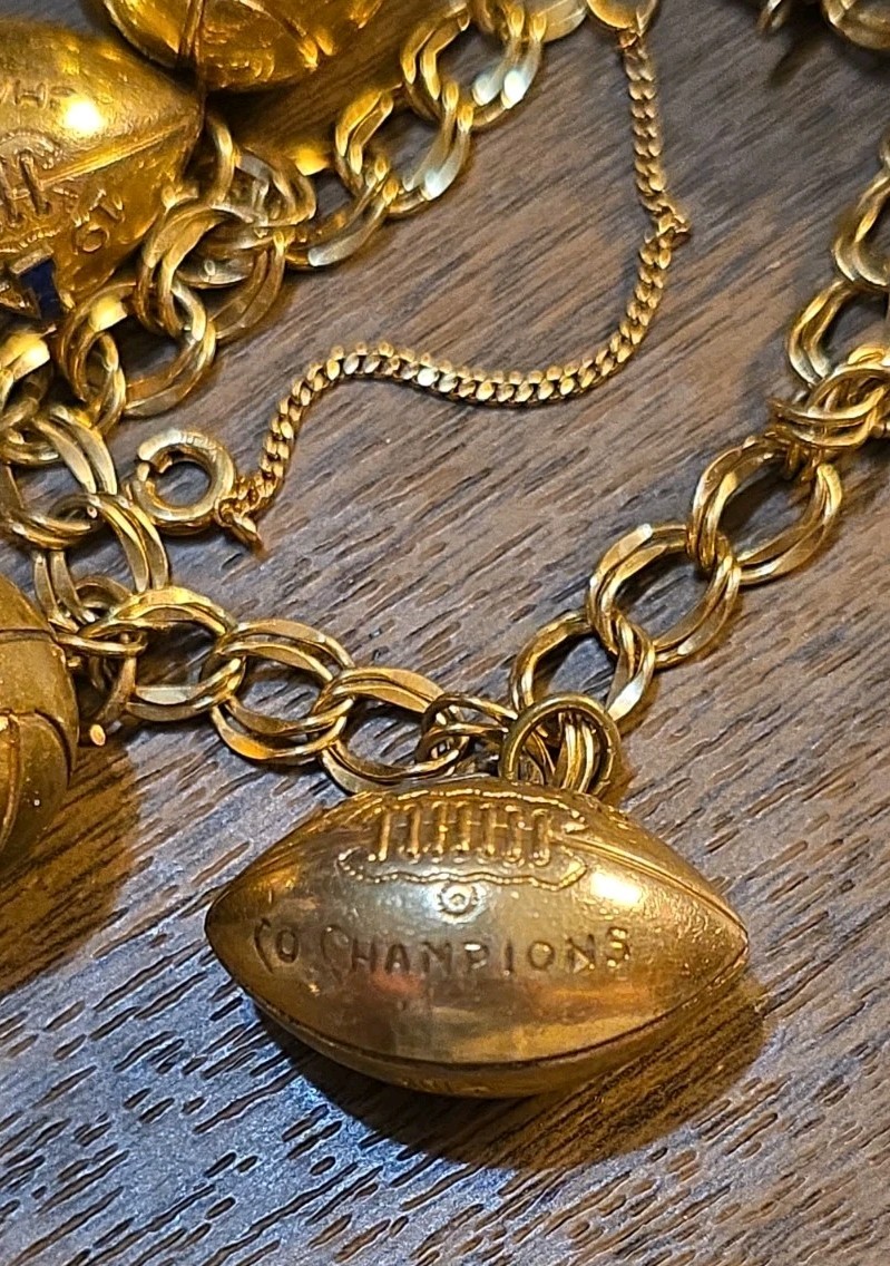 1940s & 1950s 12K GF Spartan Charm Bracelet Gold Football Basketball GTE Charm