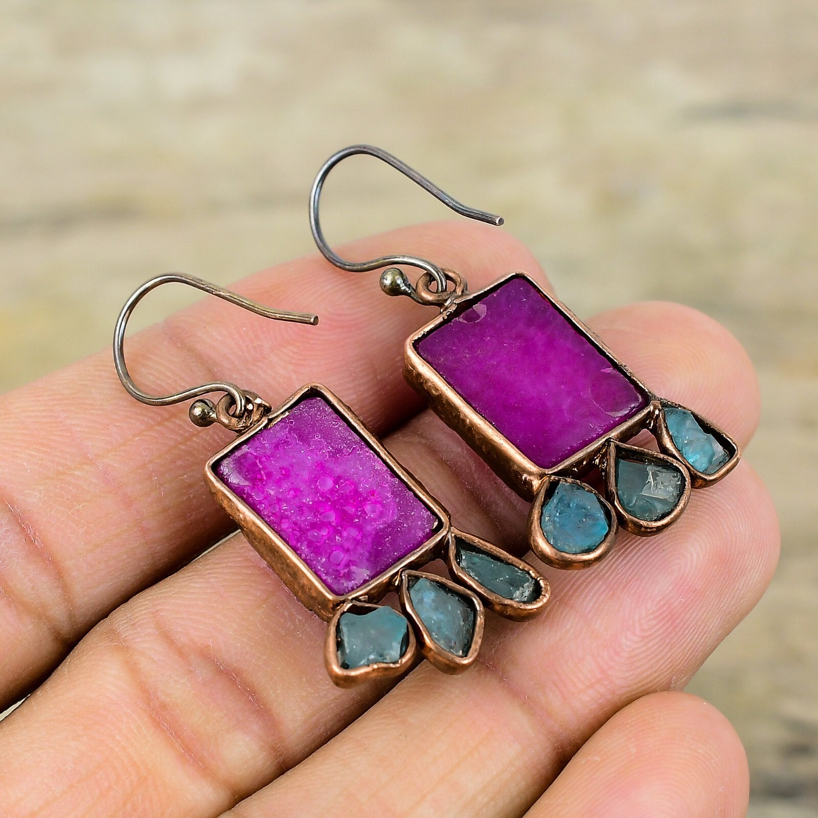 Pink Druzy Jewelry Copper Mom Gift Electroformed Drop/Dangle Earrings 1.77″