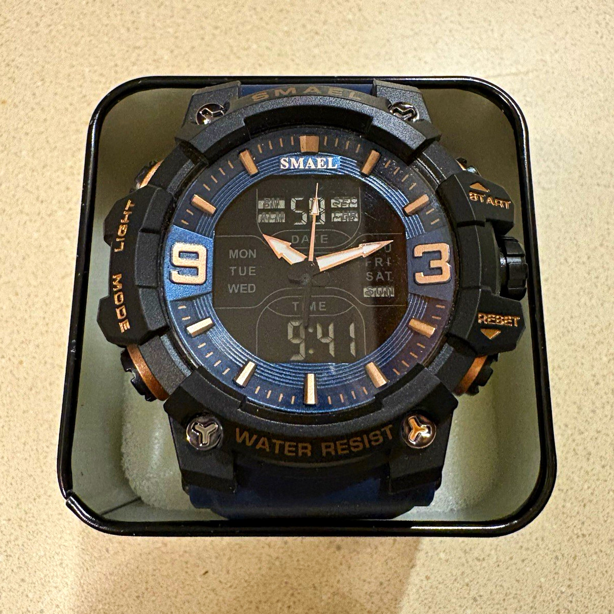 SMAEL Men’s Analog-Digital Quartz Sport Watch Blue Resin Band 50m Alarm Chrono