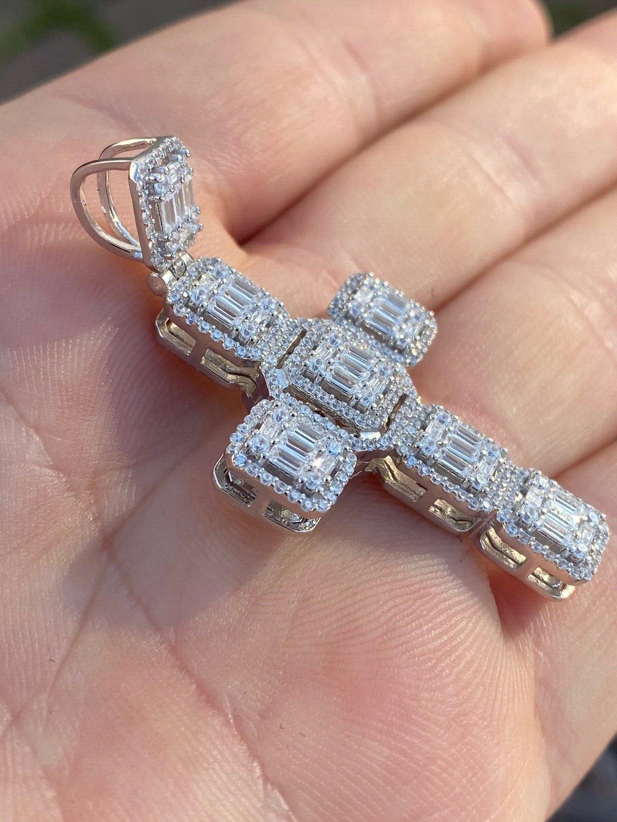 Baguette MOISSANITE Iced Cross Hip Hop Pendant – Pass Tester Silver Gold Plated