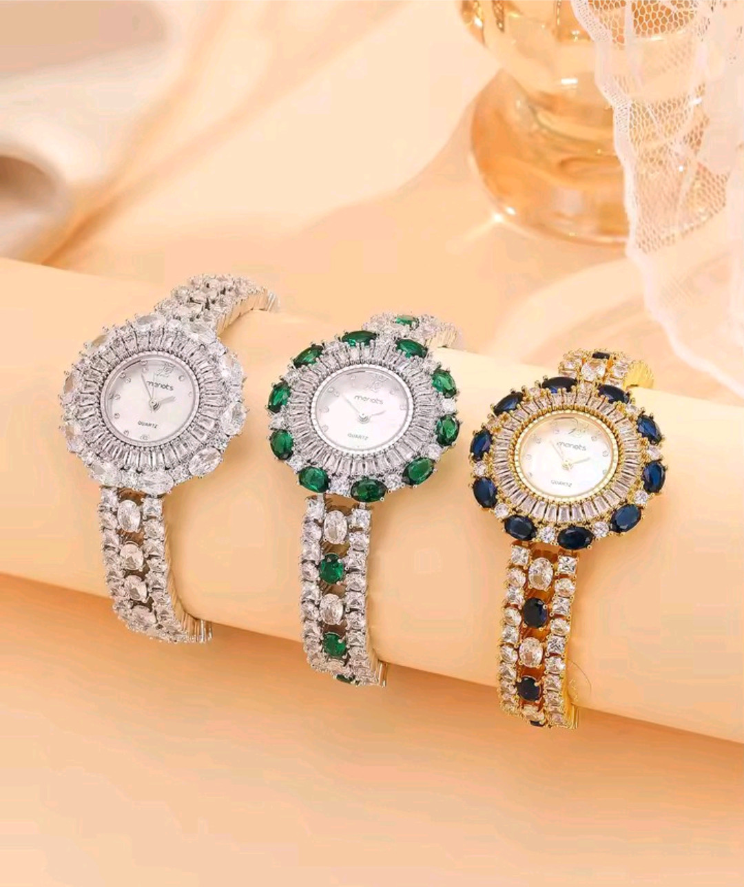 Beautiful Elegant Full Zircon White Green Luxury Watch for Women Bling Bling