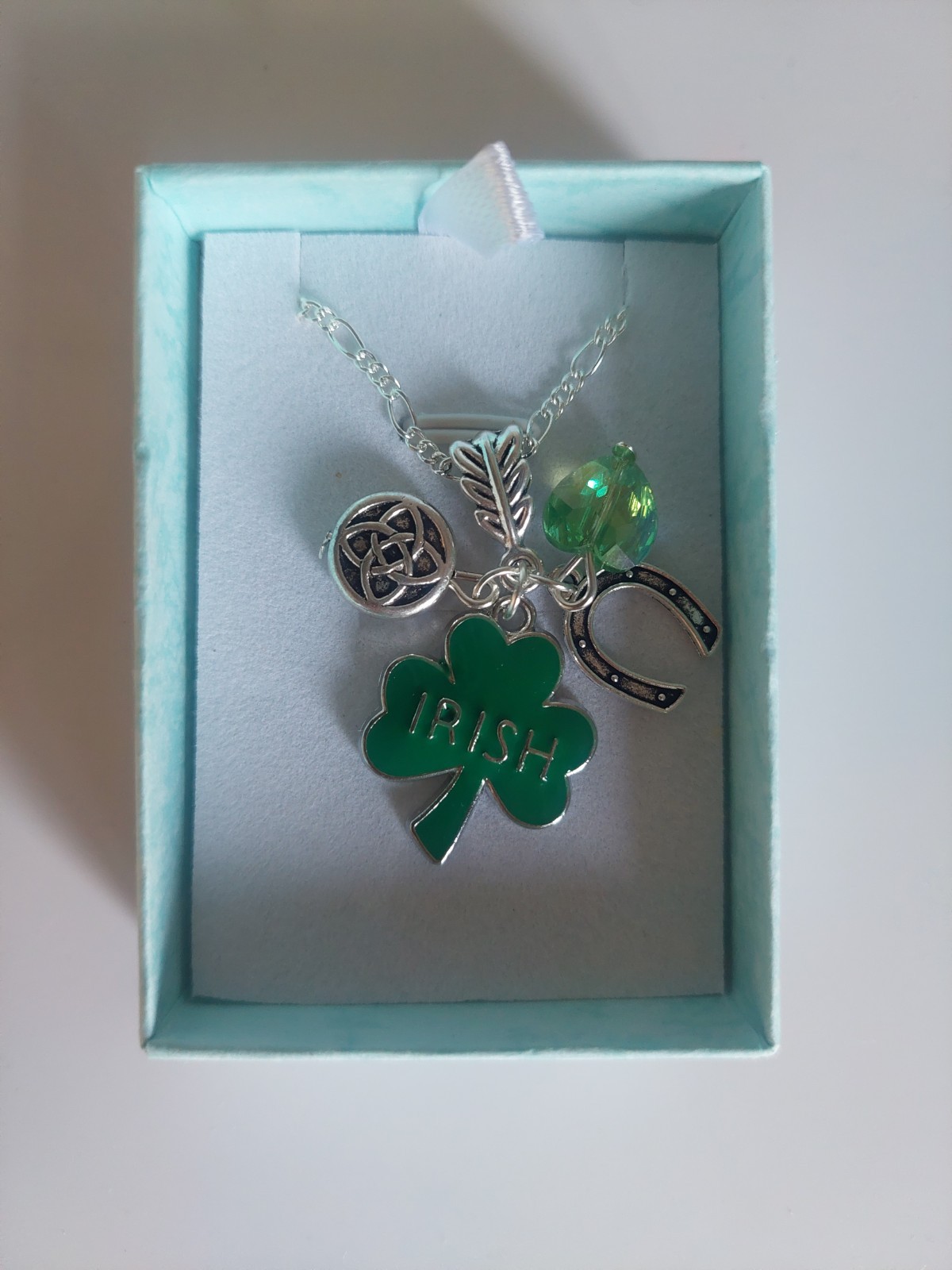 Sterling Silver 22 Inch Chain Green enamel Irish shamrock Serch Bythol heart