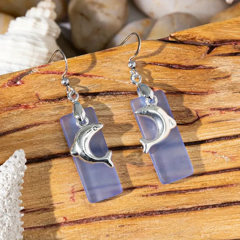 Bohemian Vacation Style Sea Glass Earrings – Beach Dolphin Dangle Earring Set