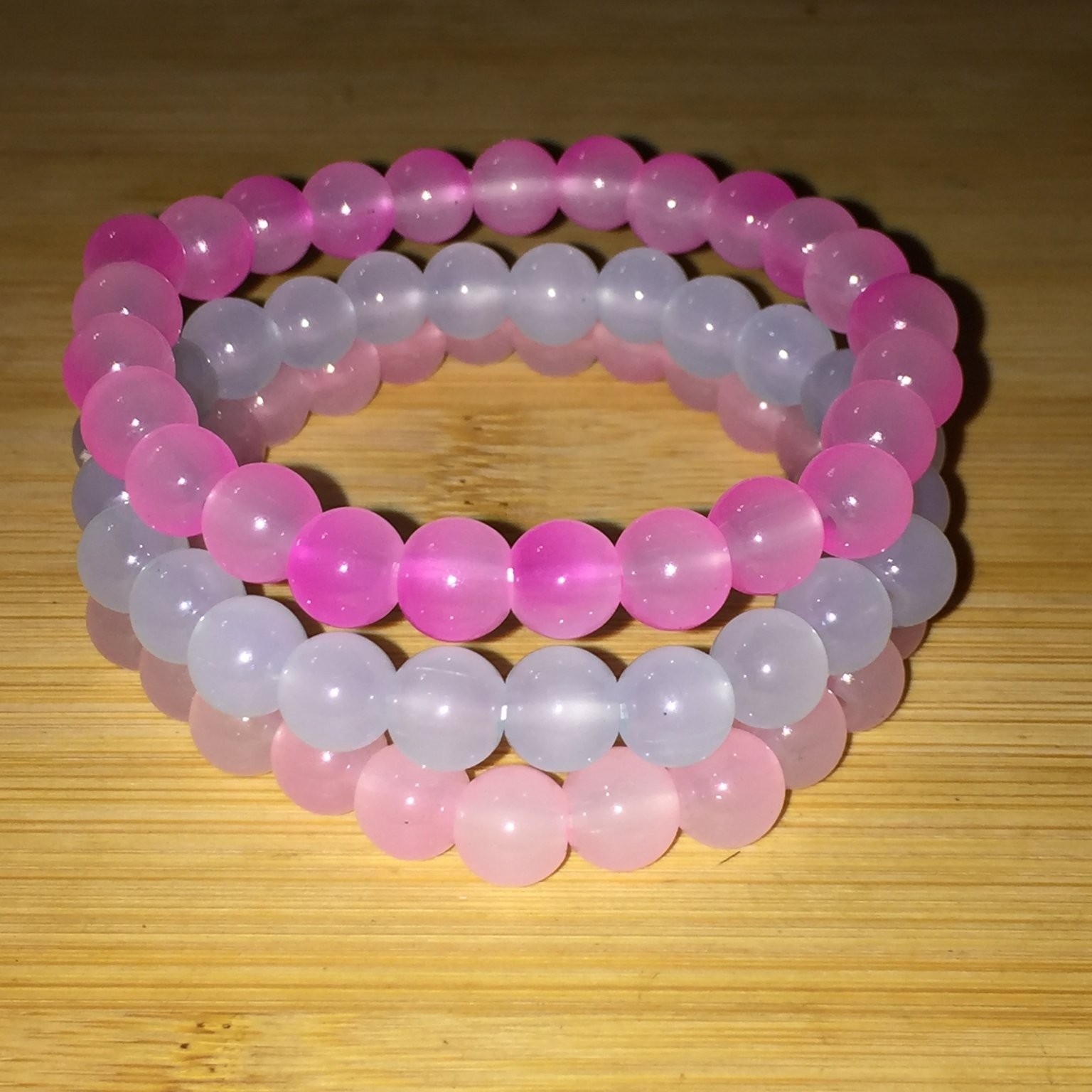 Barbiecore Pink Purple Glass Bead Stretch Bracelets Set of 3 Jewelry