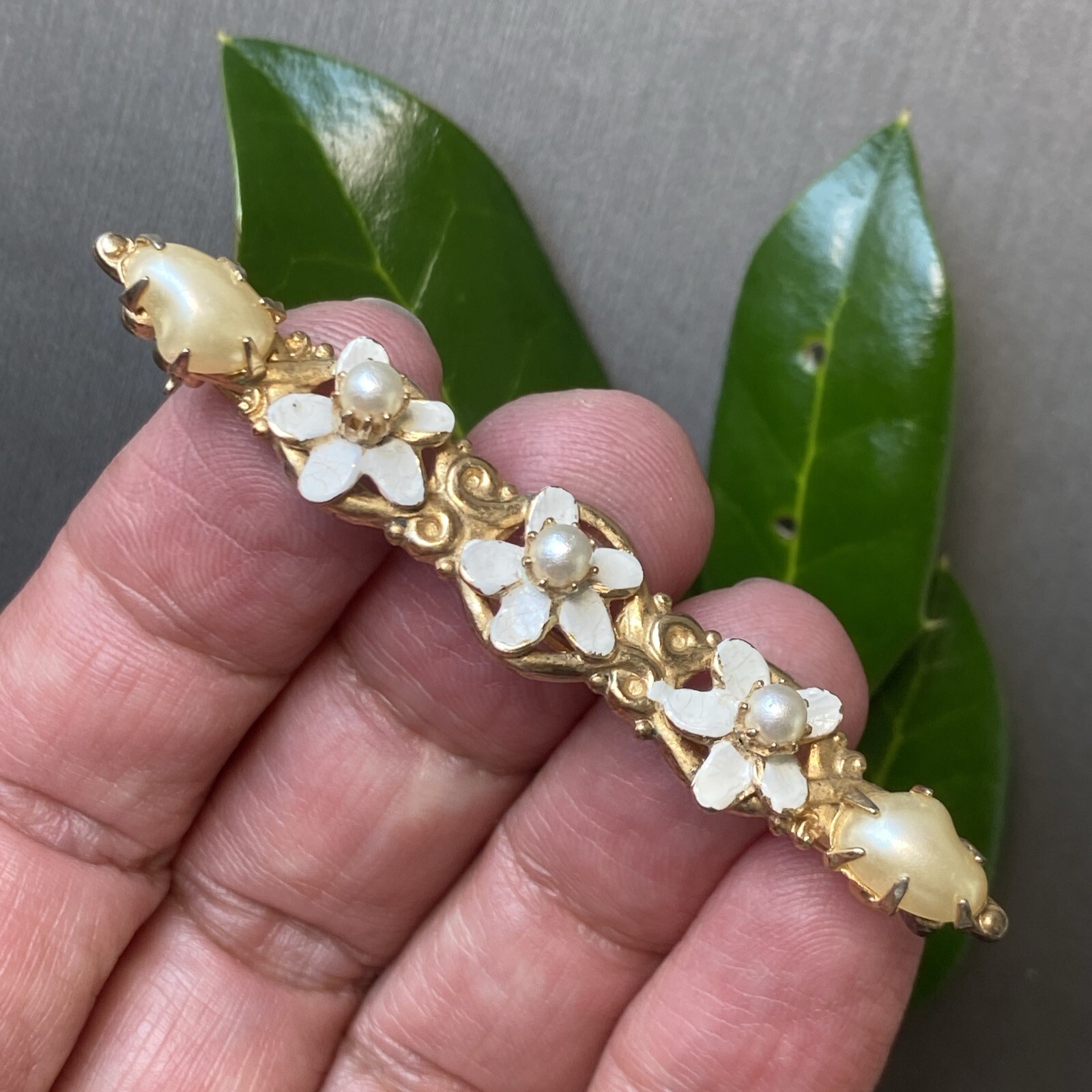 Vintage Pearl Bar Brooch Estate Fine Jewelry Pre-owned Sterling Silver Vermeil