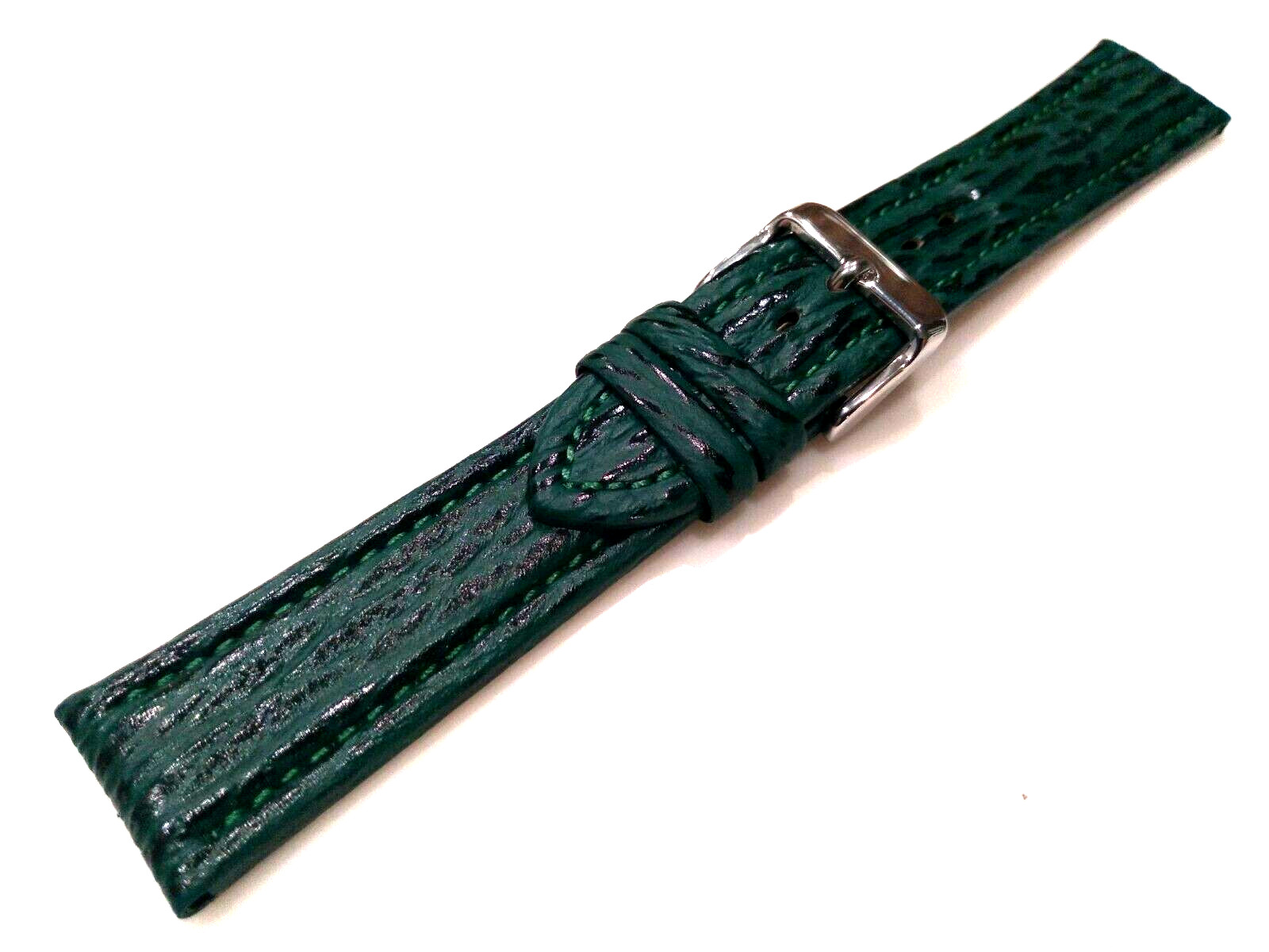 Green Genuine Shark Sharkskin 20mm Regular Padded Watch Band Silver Tone Buckle