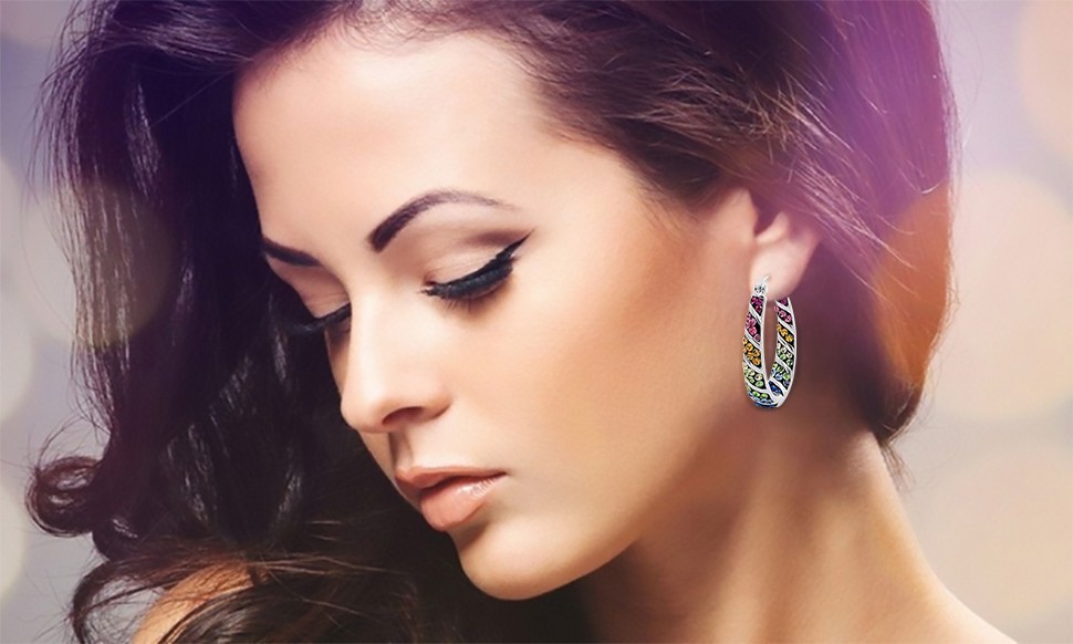 18Kt White Gold Plated Rainbow Austrian Crystal Inside Outside Hoops Earrings