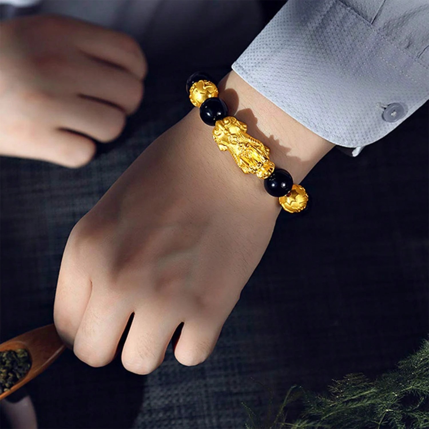 Feng Shui Black Obsidian Beads Bracelet Attract Wealth & Good Luck Bangle Pixiu