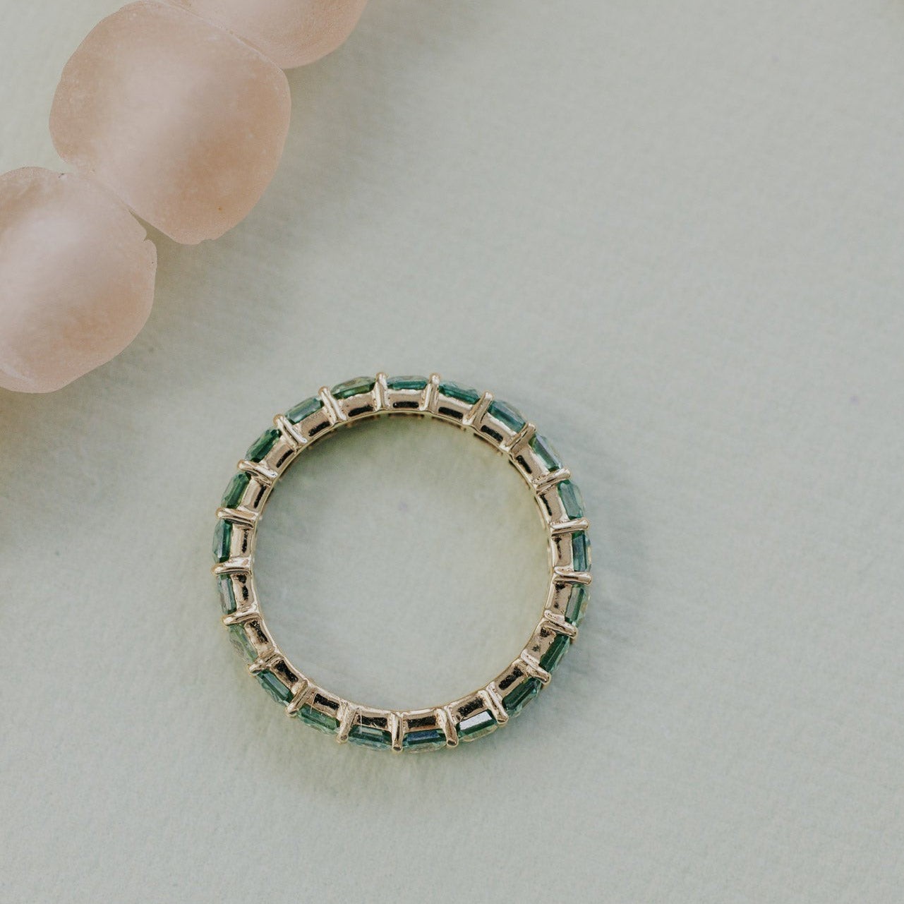Natural Teal Montana Sapphire Eternity Ring 14K Gold Emerald Cut Wedding Band