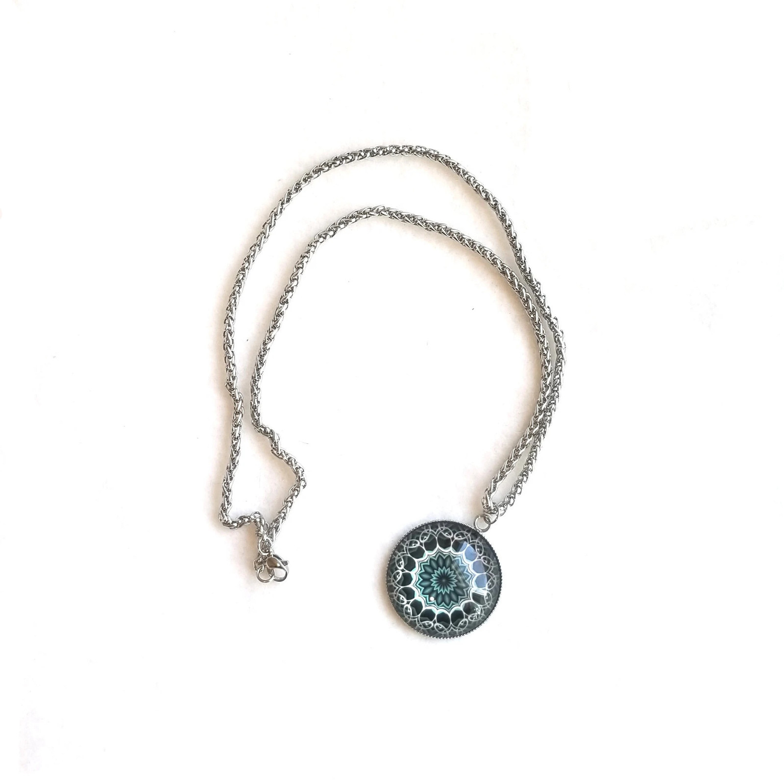 Blue Glass Cabochon Stainless Steel Pendant and Stainless Steel Necklace
