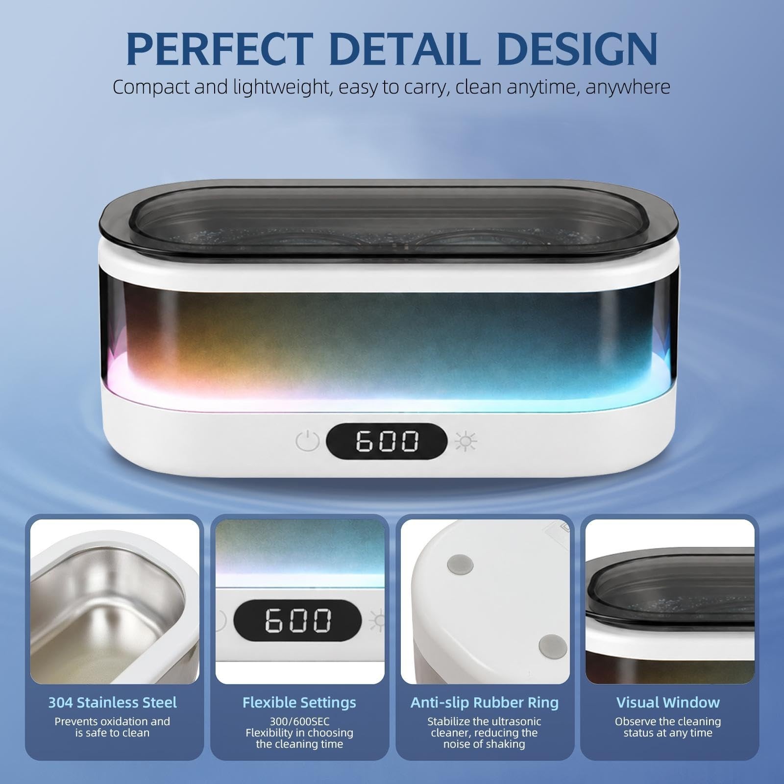 Ultrasonic Jewelry Cleaner 48KHz with RGB Lights, 350ML Stainless Steel Tank, Du