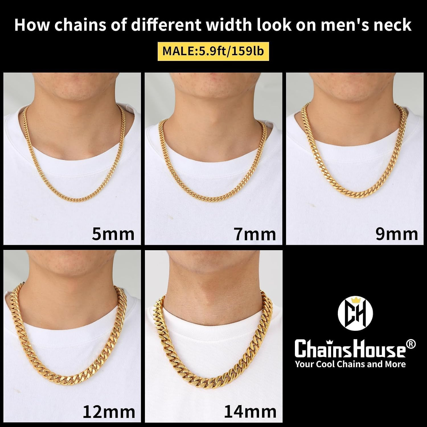 Stainless Steel Mens Cuban Link Chain, Black/ 18K Gold Plated Miami Cuban Chain
