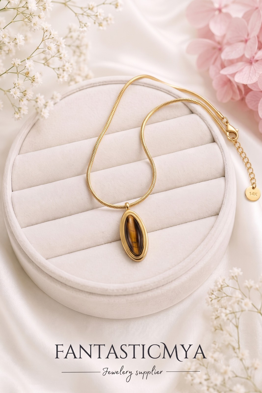 Stainless Steel 18K White Gold Plated Oval Gemstone Tiger Eye Pendant Necklace