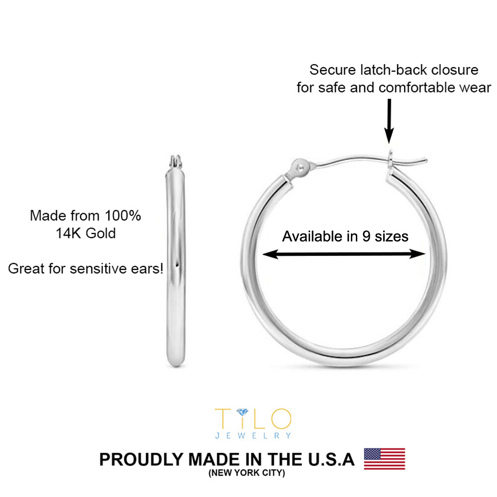 14K Real Solid White Gold Shiny Polished Round Creole Hoop Earrings All Sizes