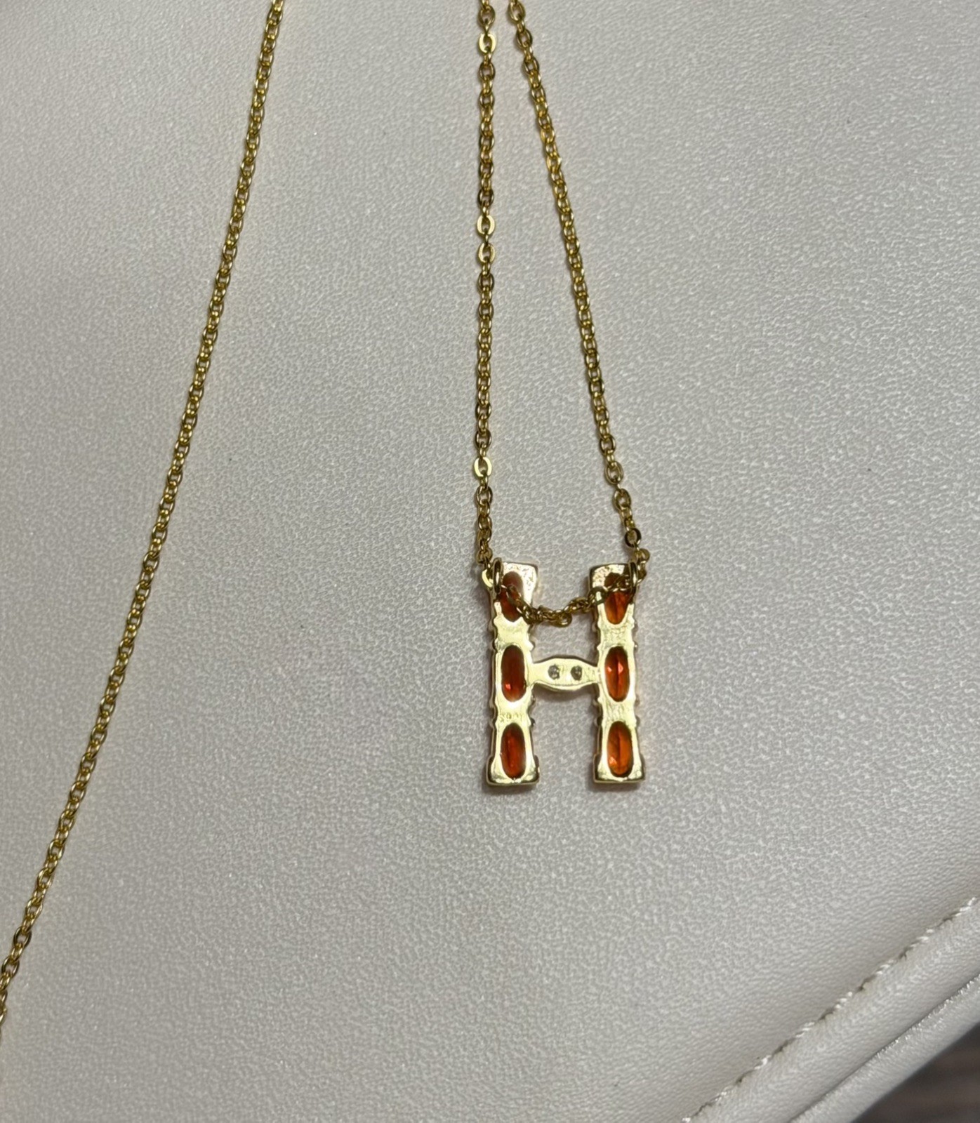 Natural Orange Fire Opal Initial “H” Pendant Necklace 18K Gold over 925 SS 20 in