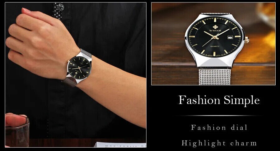 WWOOR Simple Ultra-Thin Steel Mesh Leather Date Men’s Wristwatch