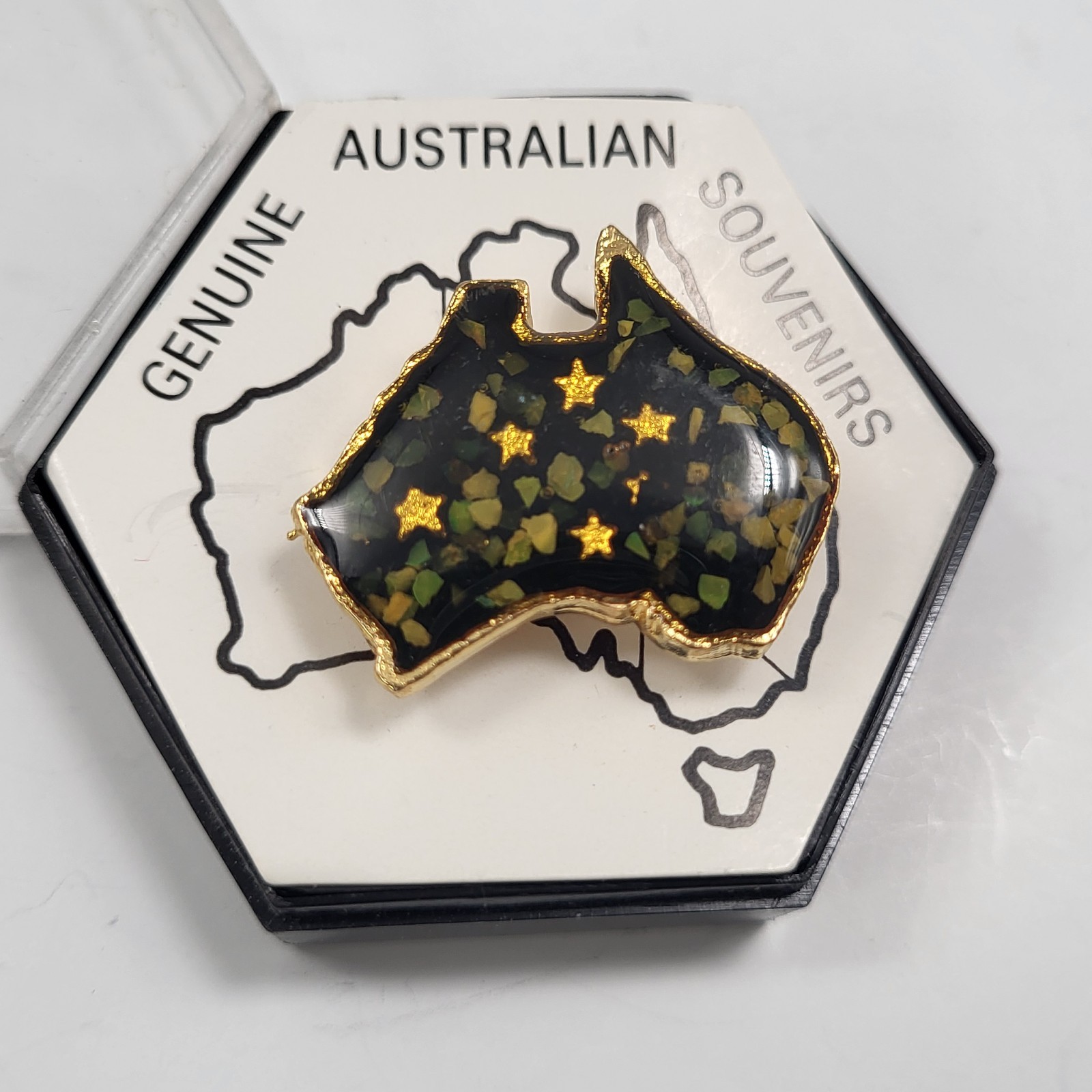 Vintage Australia Map Brooch Opal encased Inlay Goldtone Pin Souvenir Jewelry