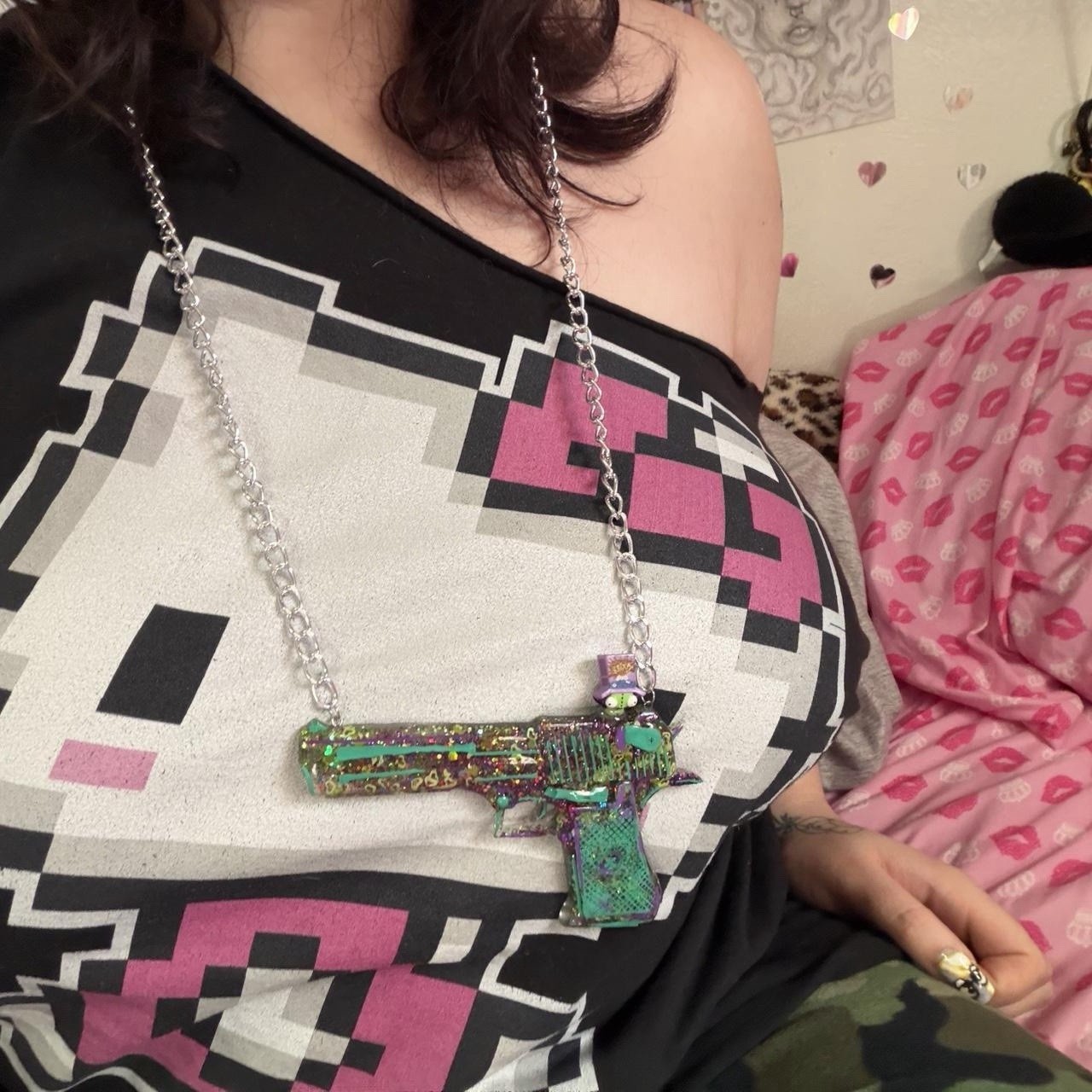 Handmade glitter gun charm pendant necklace green purple with little gir charm