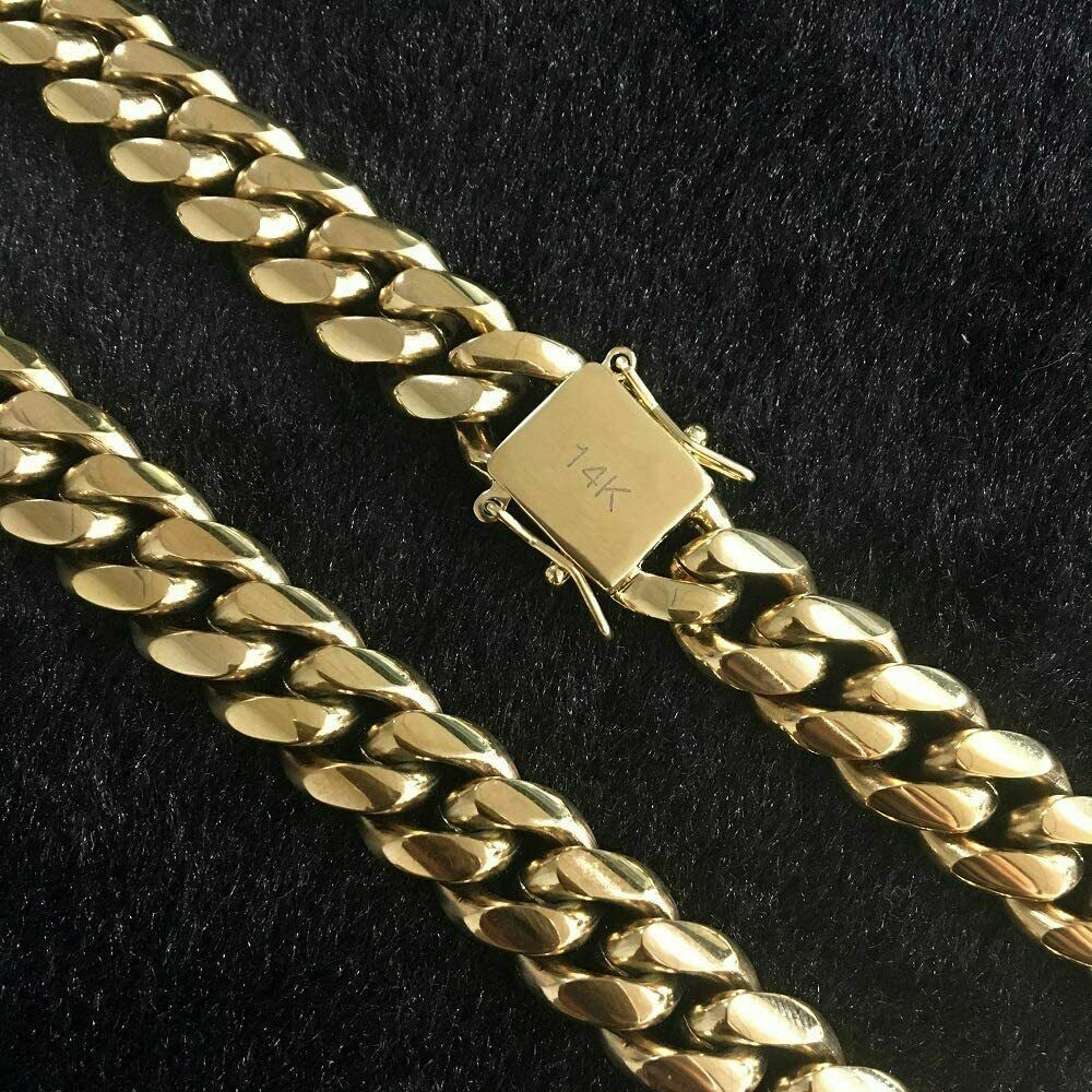 Men’s Miami Cuban Link Chain Bracelet Solid 14K Gold Plated Stainless Steel