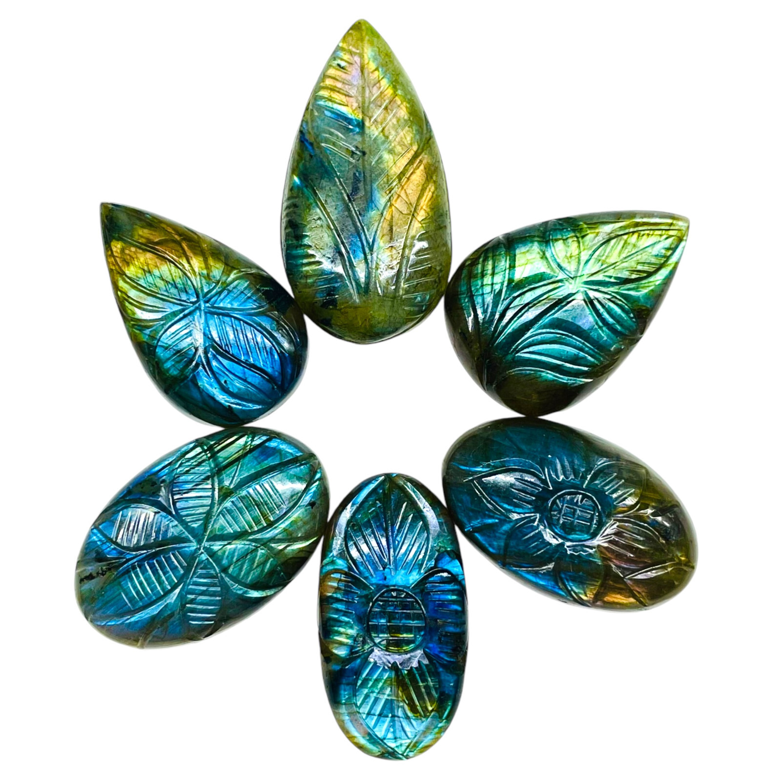 6 Pcs Natural Carved Labradorite 34.5-42mm Huge Pendant Size Loose Gemstones Lot