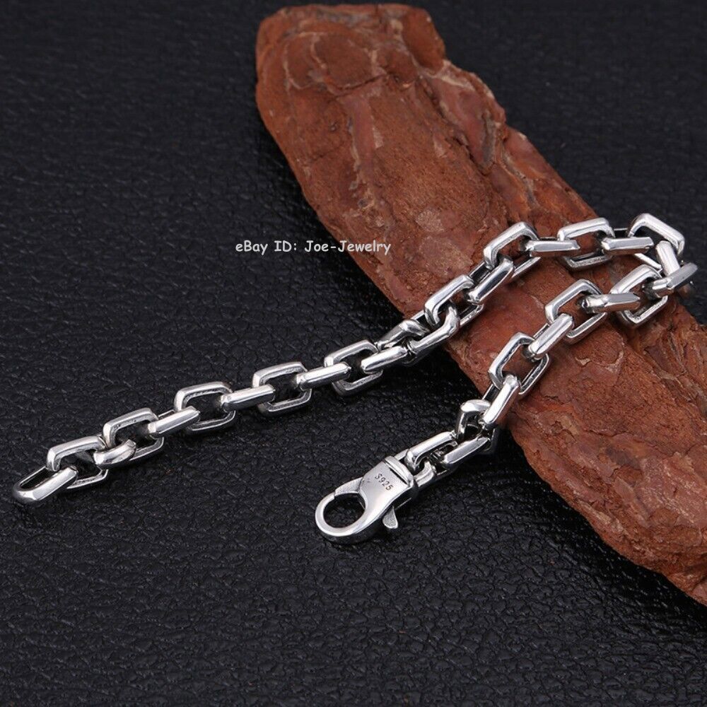 Real 925 Sterling Silver Men’s Bracelet 7mm Rectangle Cable Link 7.87inch