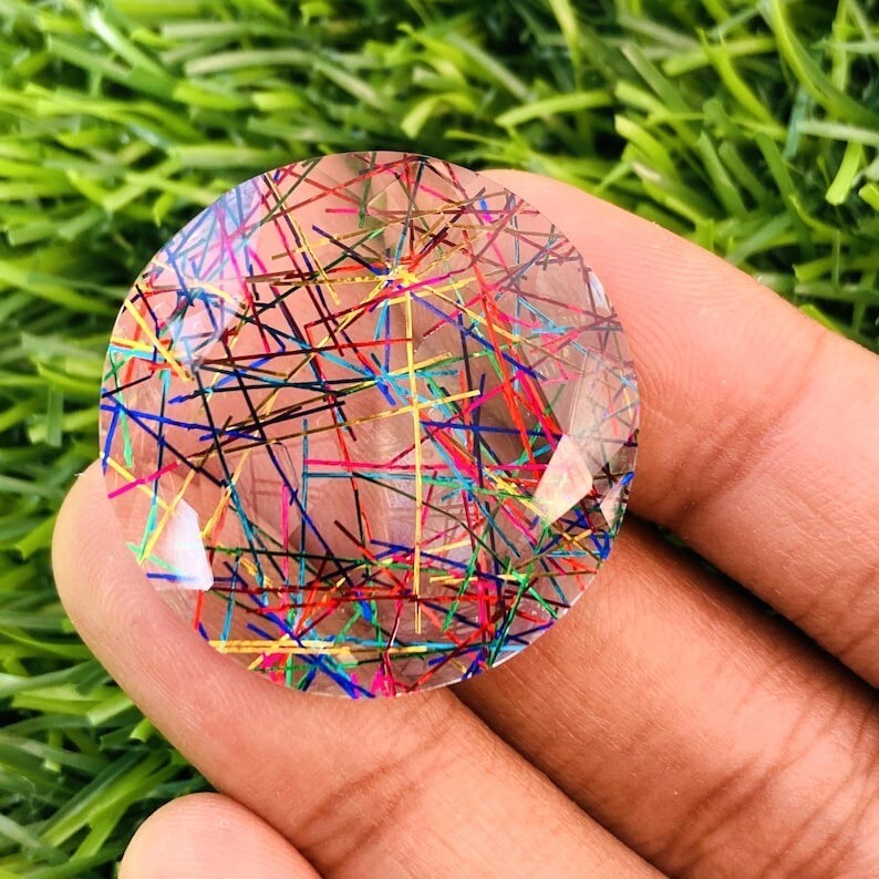 Bi-Color/Multicolor Rutilated Quartz Round Shape 96.75 Ct Loose Gemstone + Gift
