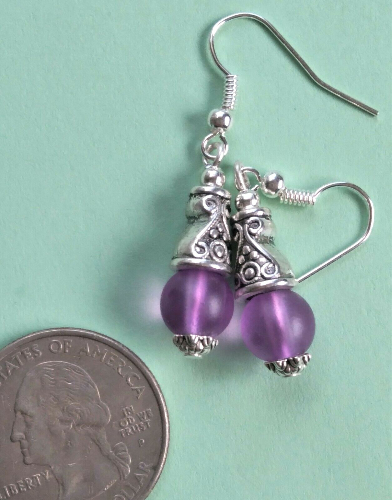 lavender frosted GLASS Bali style drop earring SP fish hook HANDCRAFTED
