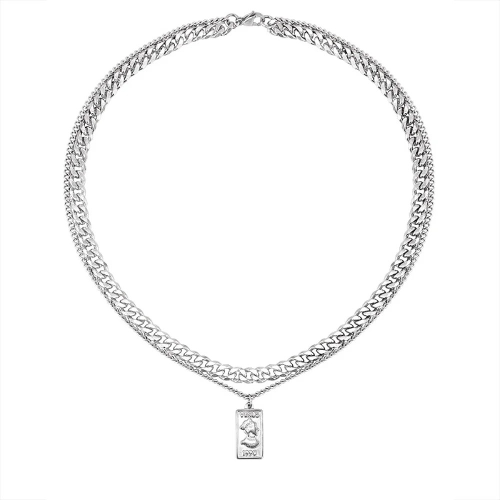Retro Double Layer Cuban Chain Necklace Hip Hop Men Stainless Steel Pendant Neck