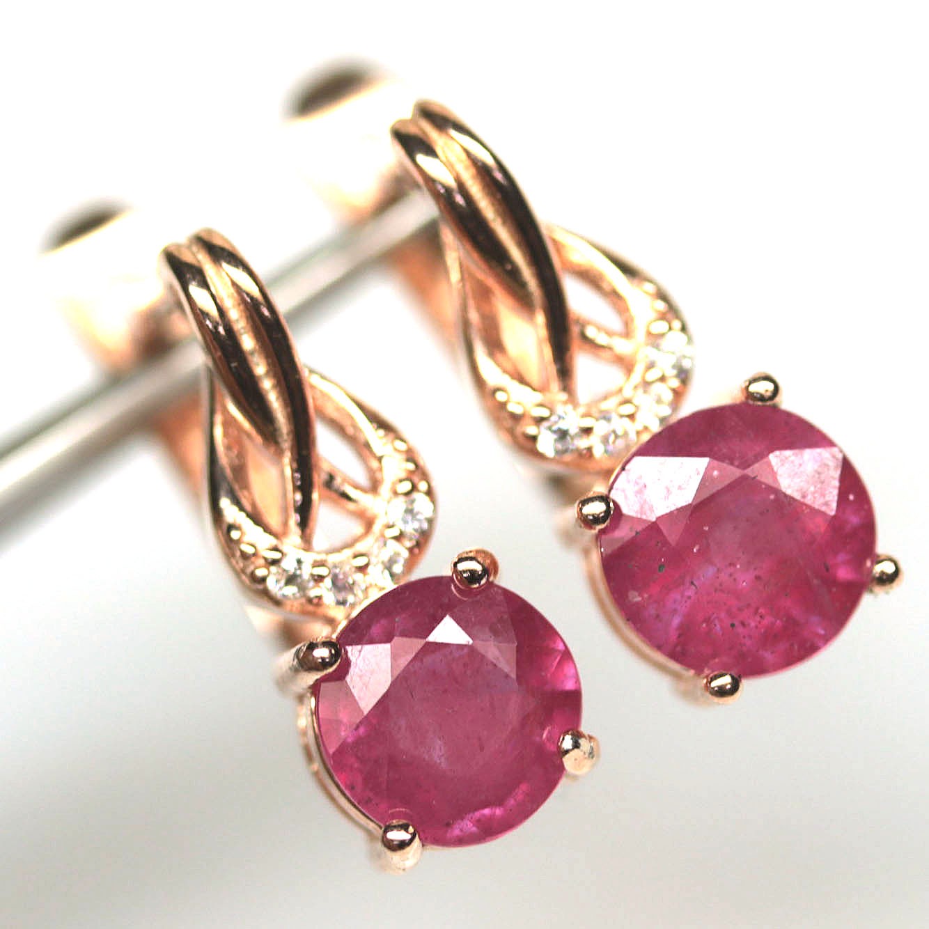 Thai Handmade 925 Sterling Silver 7 mm. Red Ruby & Cubic Zirconia Earrings