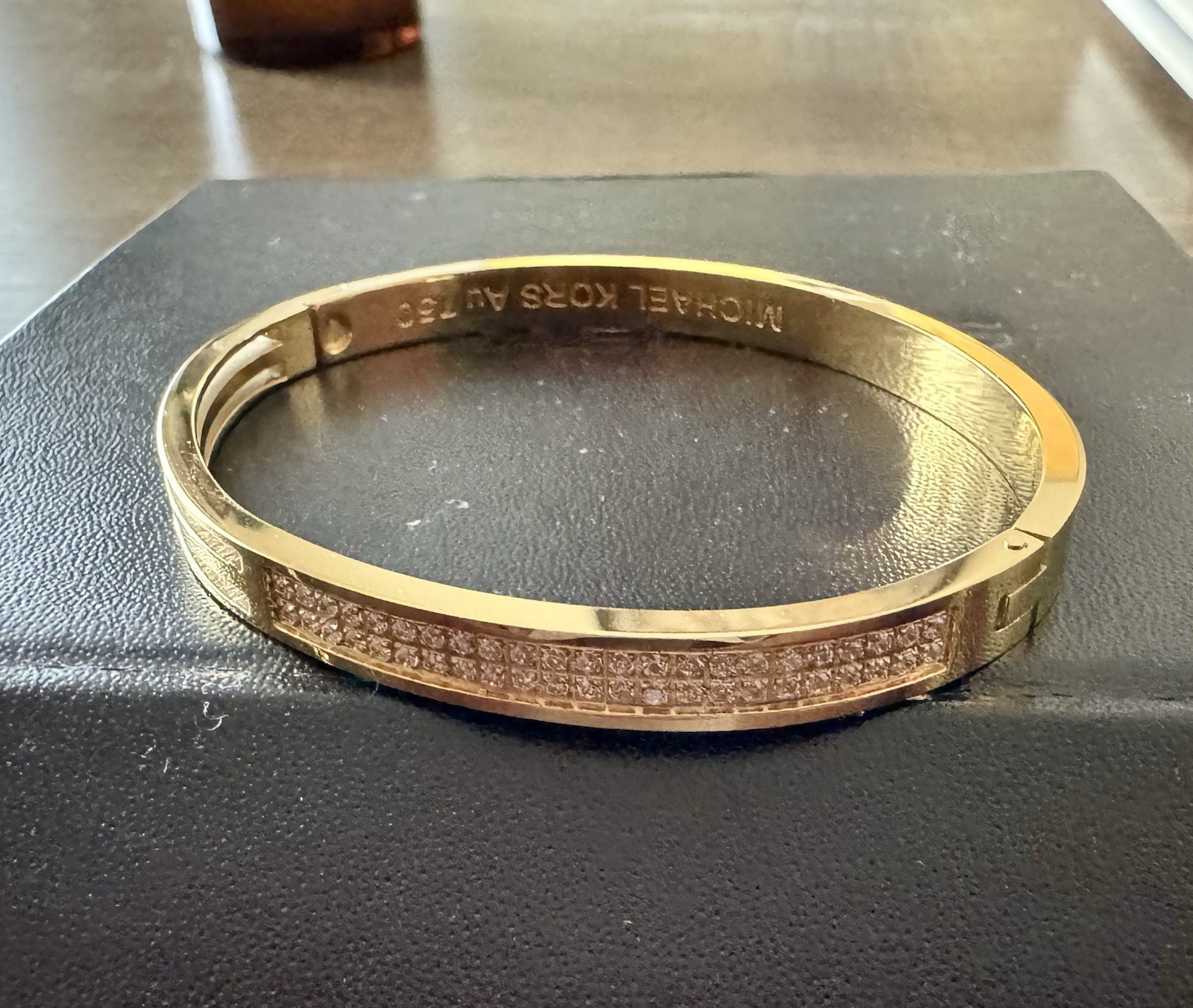 Michael Kors Gold Tone Pavé White Crystal Hinged Bangle Cuff Bracelet AJ750