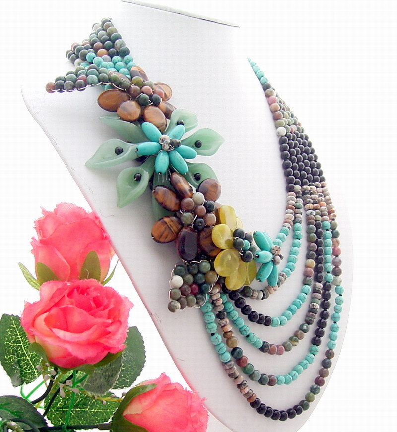 21″ Turquoise Agate Onyx Tigers Eye Statement Necklace