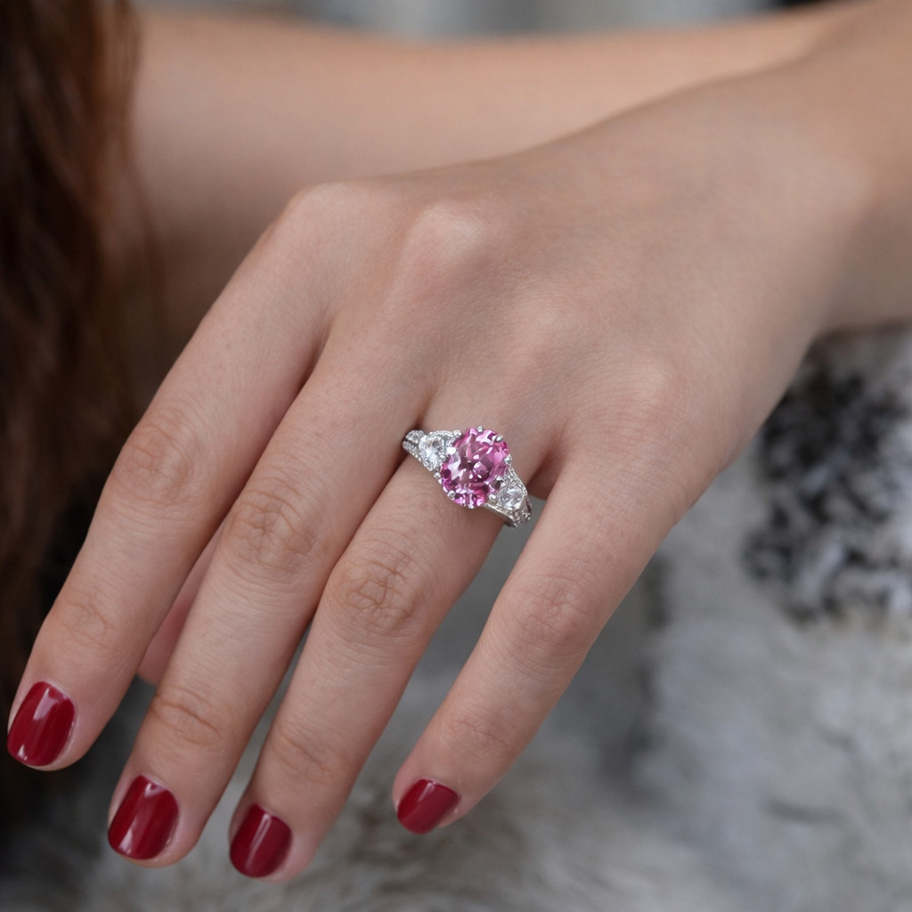 2.50 Ct Oval Cut Natural Pink Sapphire Diamond Wedding Ring 14K White Gold 8