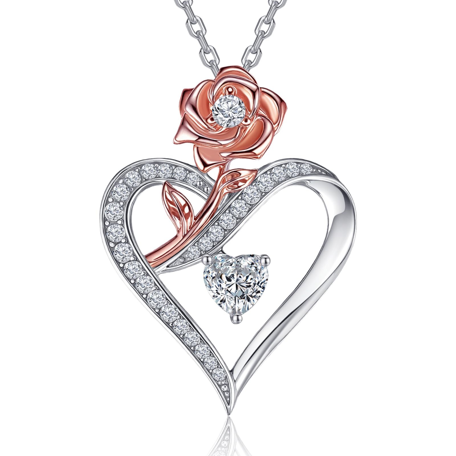 Moissanite Necklace for Women, Sterling Silver Rose Heart Pendant Necklace, R…