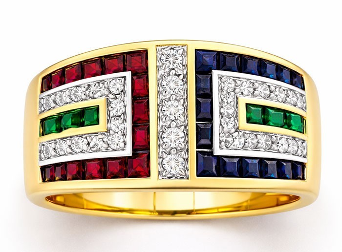 GENUINE RUBY, BLUE SAPPHIRE, EMERALD & DIAMONDS RING 14K YELLOW GOLD
