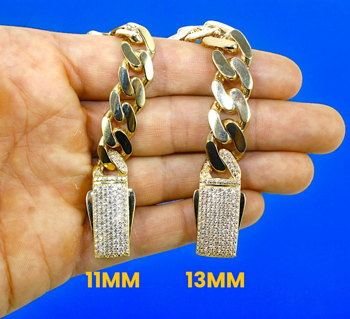 14K Yellow Gold Monaco Miami Cuban Link Chain Bracelet CZ Pave 6mm-13mm 16″-30″