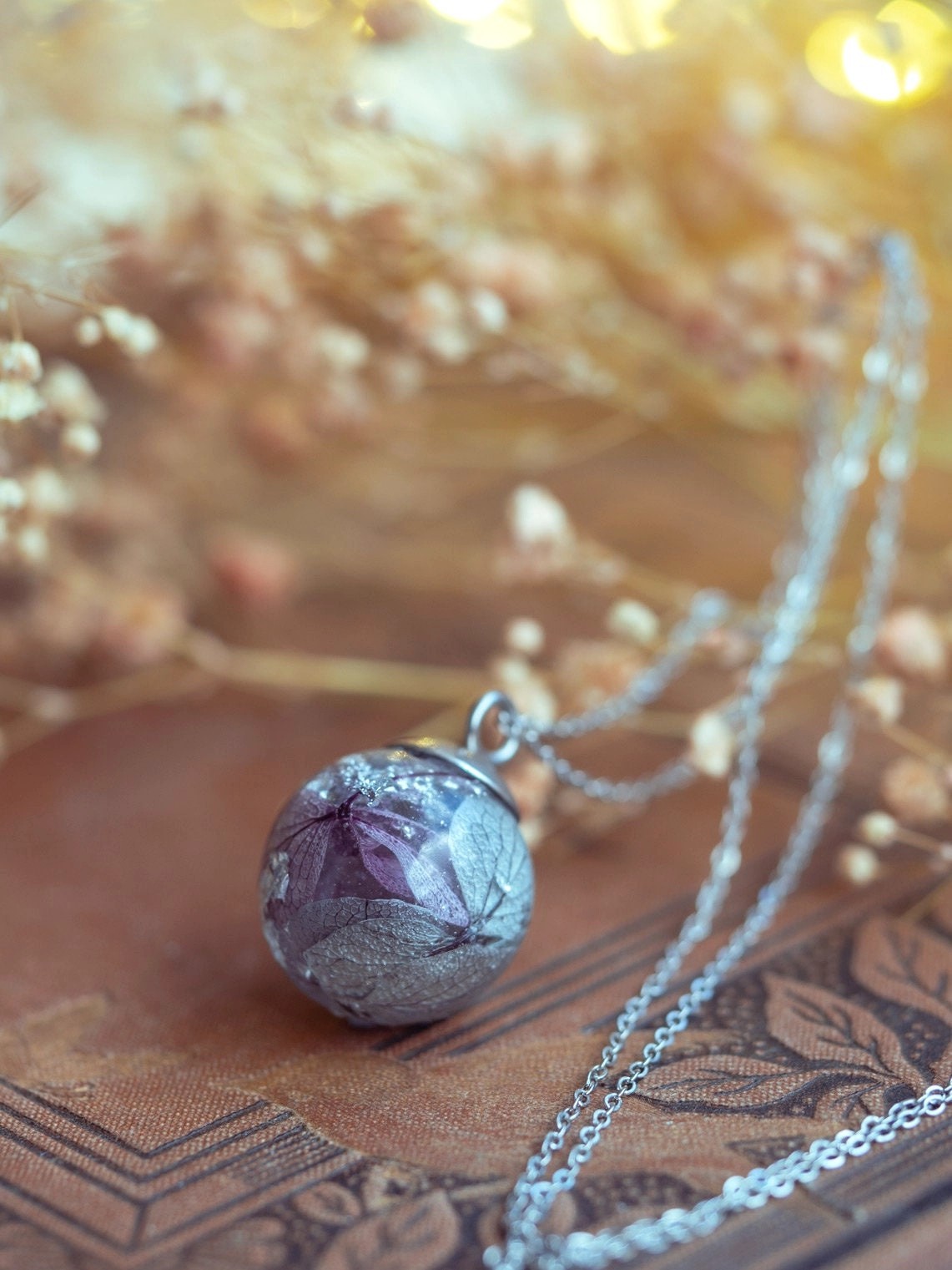 **Dried Hydrangea Resin Orb Necklace Whimsical Fairy Pressed Flower Pendant**