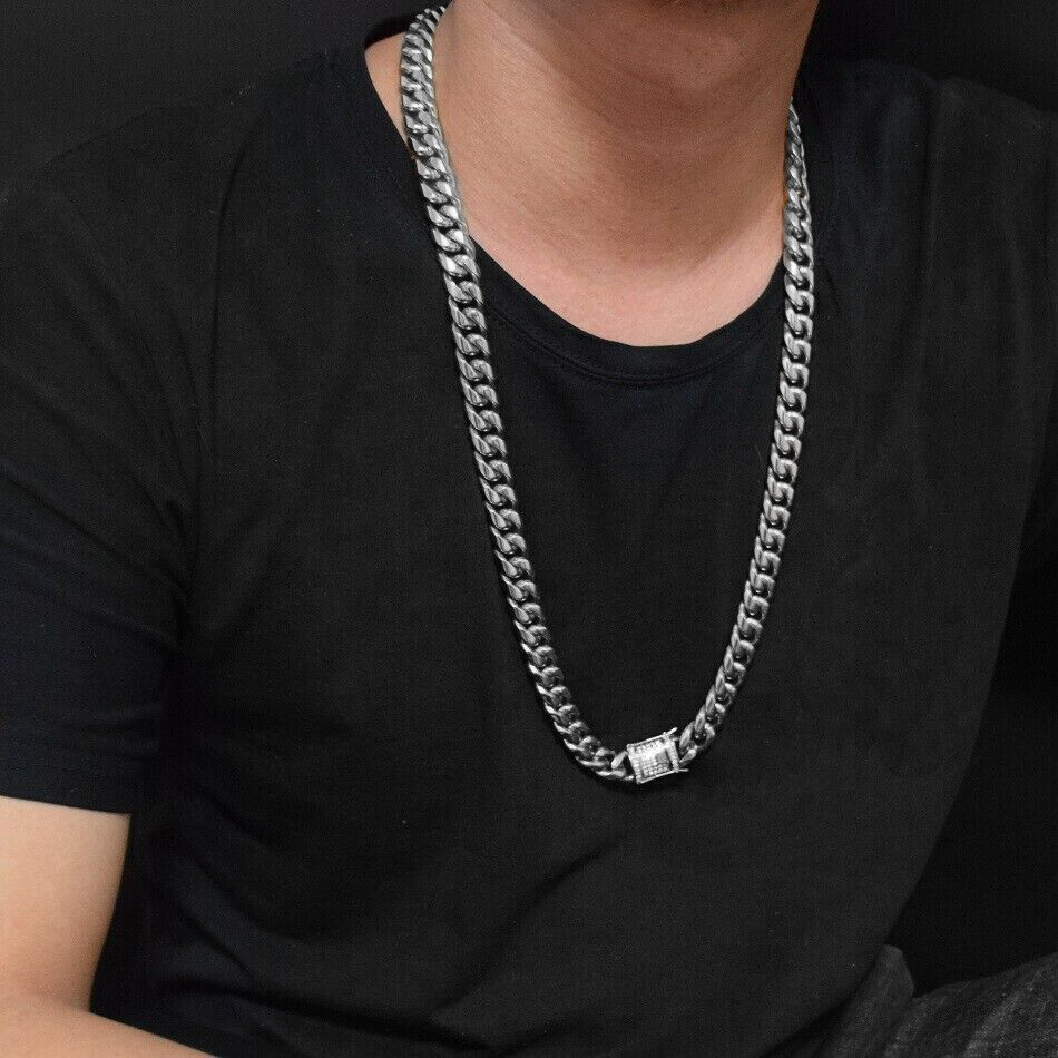Solid Stainless Steel Necklace Cuban Link Chain For Men Iced out CZ Clasp 8-14MM