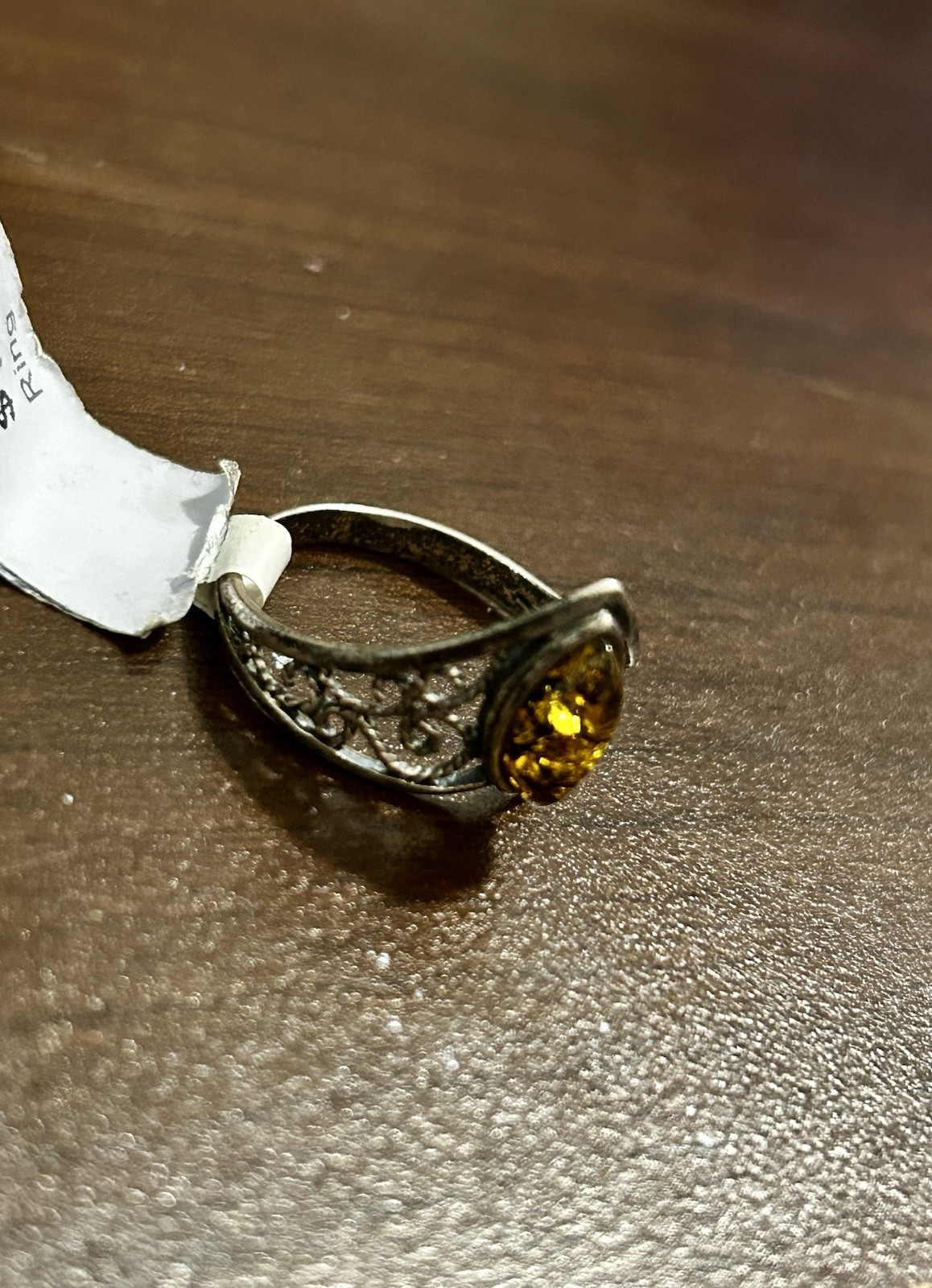 Avon Amber-Tone Marquise Stone Filigree Statement Ring Silver Tone NWT