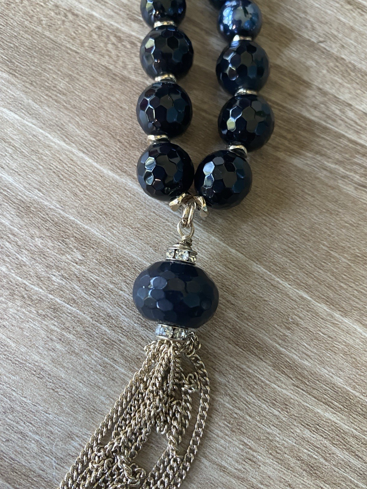 Vera Bradley Vintage Long Black and Blue Glass Bead Necklace/Gold Toned Tassel