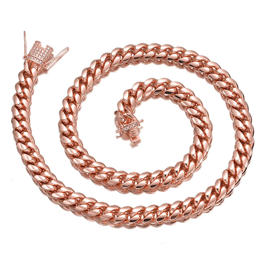 Men Women Rose Gold Stainless Steel Miami Cuban Link Chain Necklace CZ Clasp