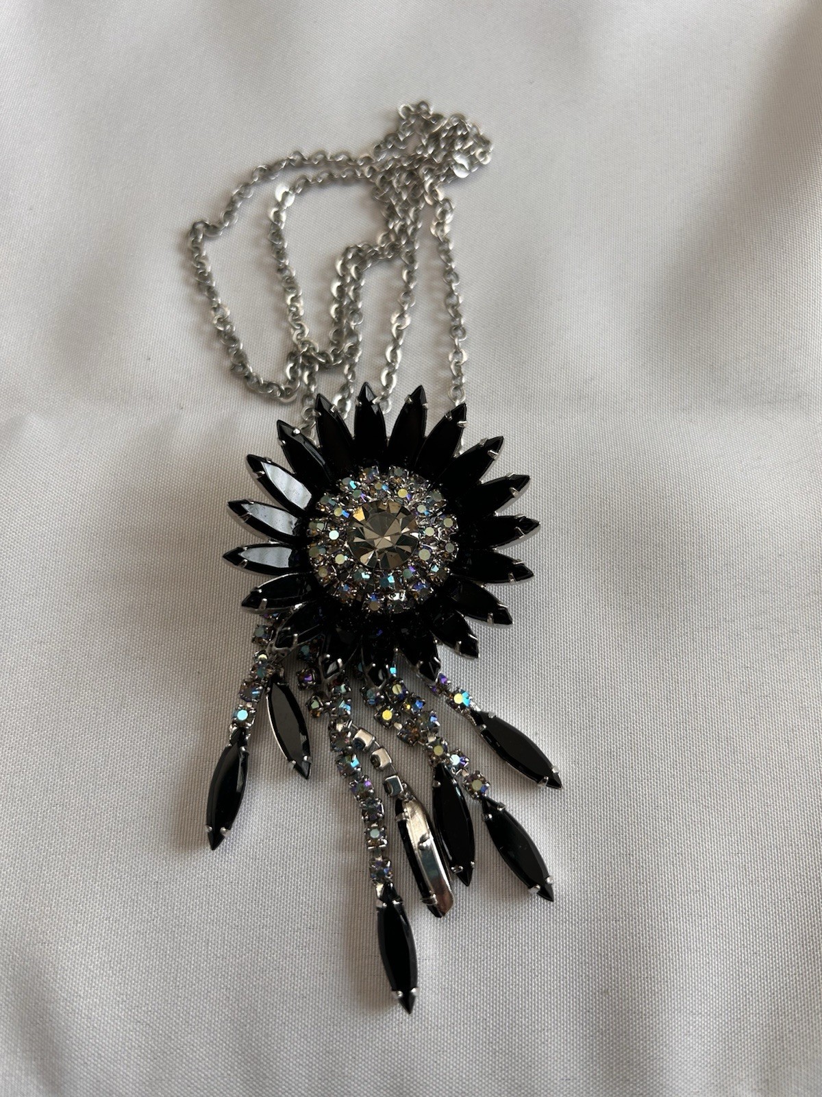 Silver Plated Cable Chain Necklace Black Flower Charm Pendant Clear Crystal