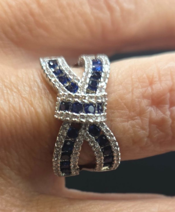 Blue Sapphire CZ Silver Tone Bow Knot Crossover Cocktail Statement Ring