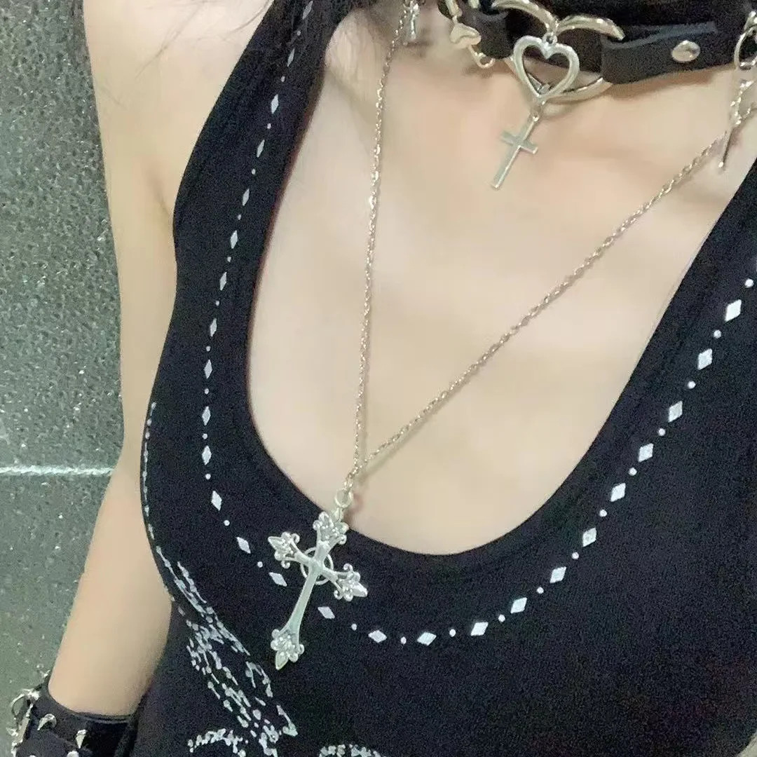 Stainless Steel Necklace Hip Hop Street Creative Cross Pendant Necklace Sweater