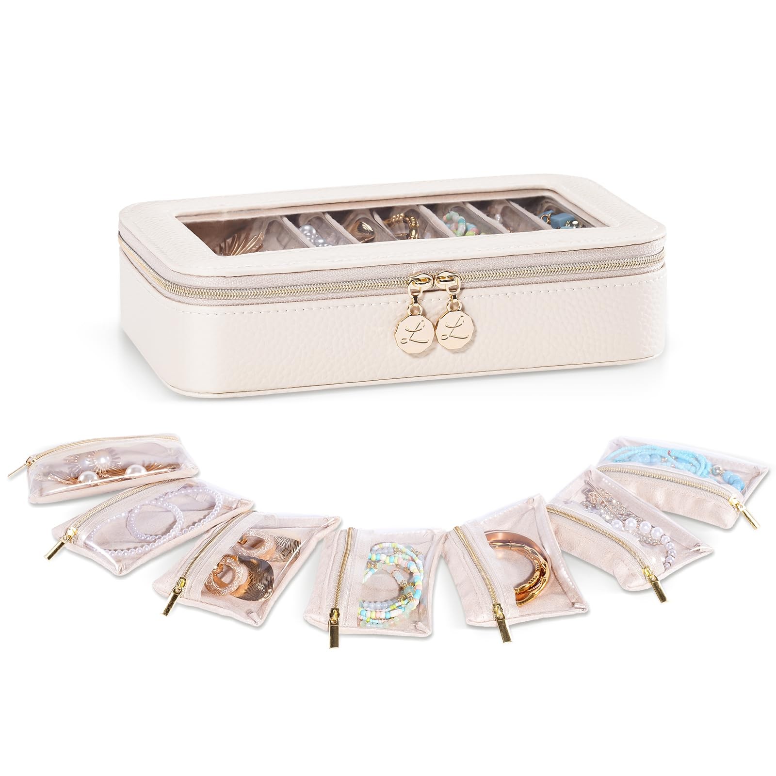8 in 1 Travel Jewelry Case with Velvet Pouches, Clear Window Travel Jewelry O…